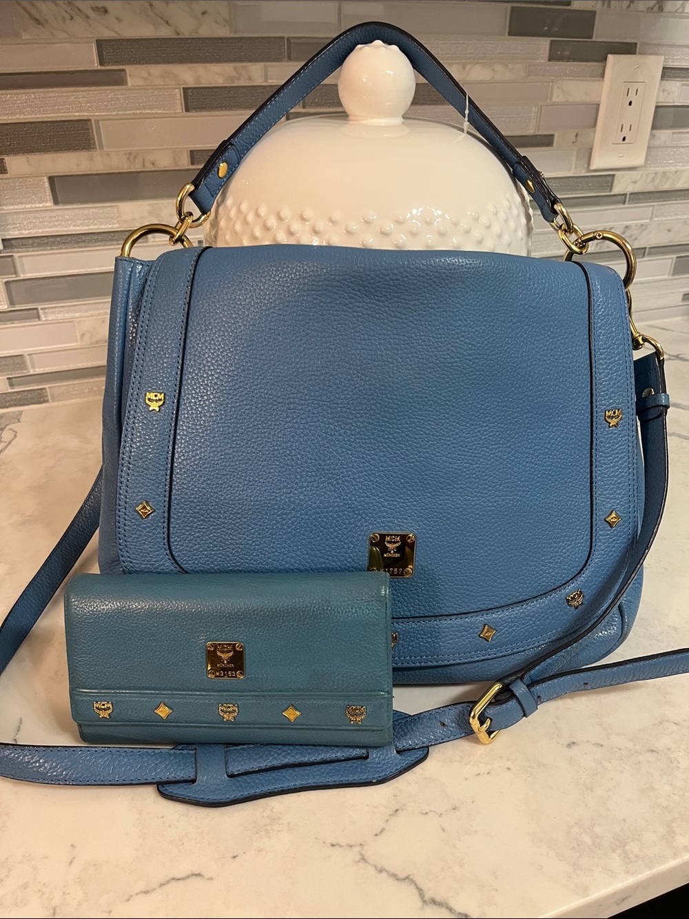 MCM Sky Blue Leather Shoulder Bag with Matching Wallet